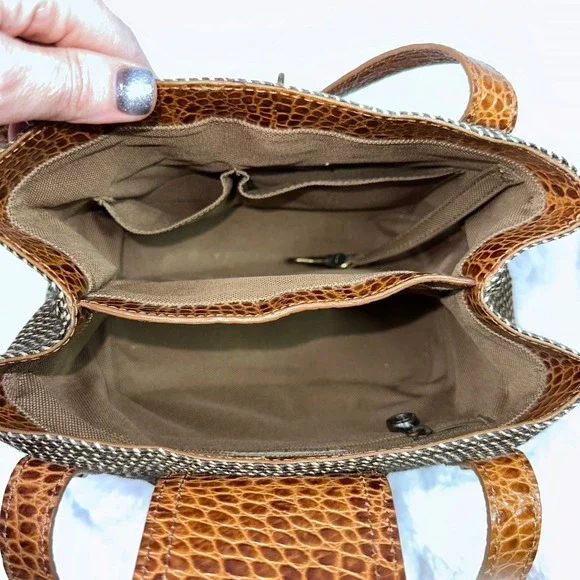 Eric Javits Woven Tote Bag Brown Tan Crocodile Trim Top Handle - Picture 7 of 11